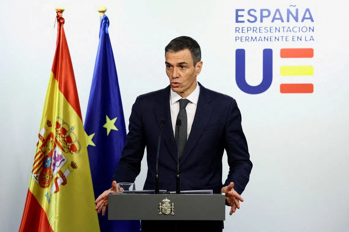 FILE PHOTO: Spanish Prime Minister Pedro Sanchez speaks during a press conference after attending a special summit of European Union leaders to discuss transatlantic relations following U.S. President Donald Trump's threats to impose new tariffs on goods from a list of EU countries over his demand to acquire Greenland, in Brussels, Belgium January 23, 2026. REUTERS/Yves Herman/File Photo