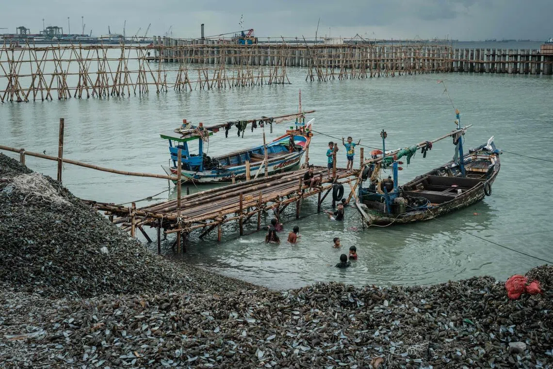 Children swim at a bamboo footbridge, with piles of discarded green mussel shells nearby, in Cilincing, North Jakarta, on Sept 20. 