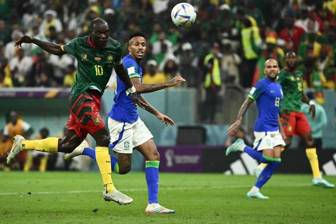 Cameroon forward Vincent Aboubakar (left) scoring their goal which gave them a historic victory over five-time world champions Brazil on Friday. 