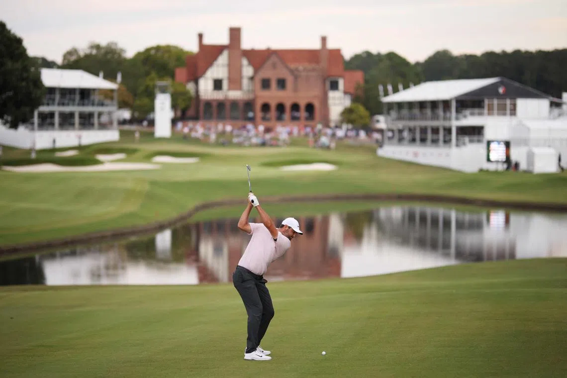 Scottie Scheffler of the United States plays a shot on the 18th hole during the second round of the Tour Championship at East Lake Golf Club on Aug 30, 2024.
