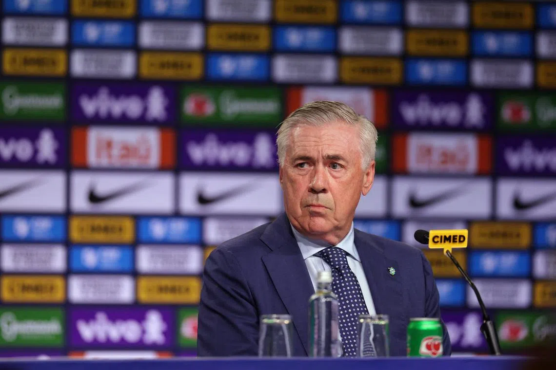 Soccer Football - Brazil unveils new coach Carlo Ancelotti - Grand Hyatt, Rio de Janeiro, Brazil - May 26, 2025 New Brazil coach Carlo Ancelotti during the press conference REUTERS/Ricardo Moraes