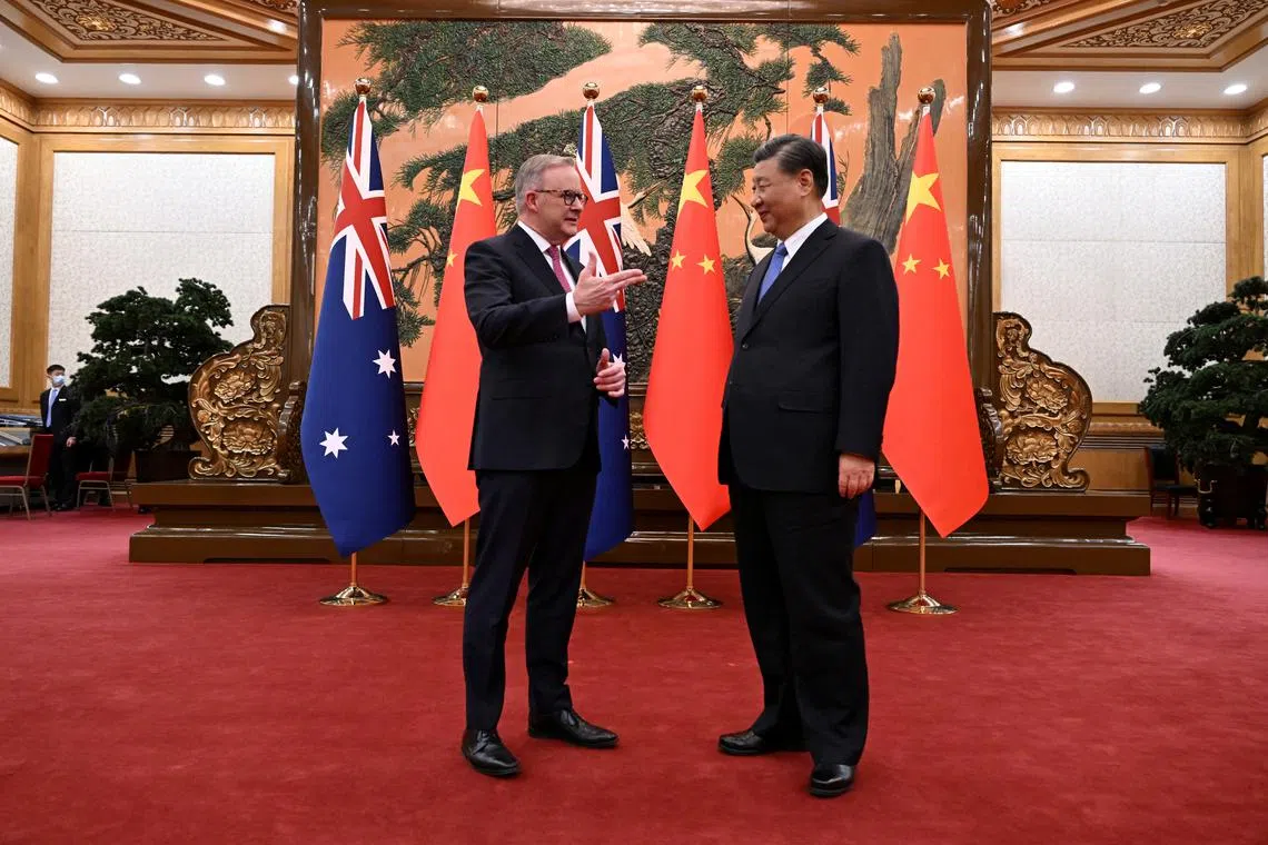 Australian Prime Minister Anthony Albanese meets with Chinese President Xi Jinping at the Great Hall of the People in Beijing, China, on Nov 6, 2023. 