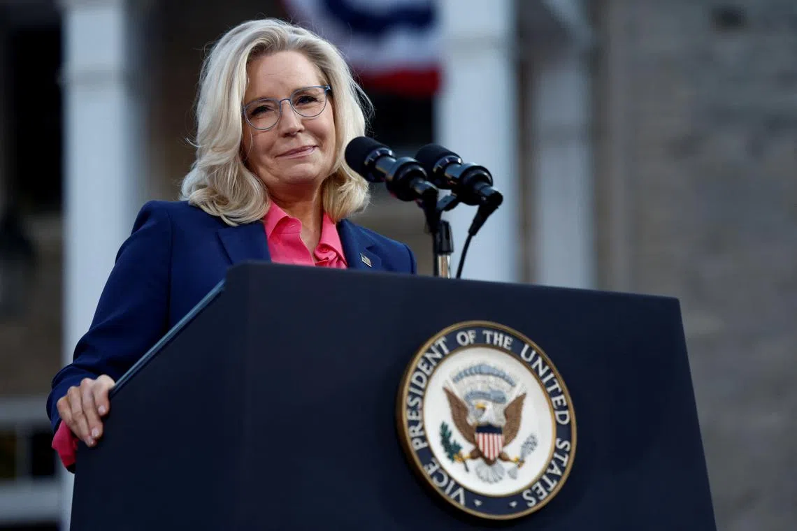 Former Congresswoman Liz Cheney (R-WY) attends a campaign event with Democratic presidential nominee and U.S. Vice President Kamala Harris (not pictured) in Ripon, Wisconsin, U.S., October 3, 2024. REUTERS/Evelyn Hockstein
