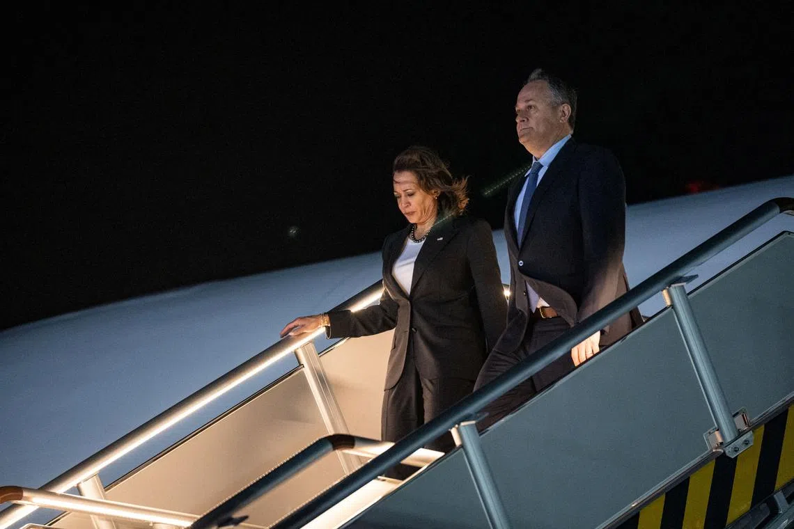 US V-P Kamala Harris and her husband Doug Emhoff arrive at Ninoy Aquino International Airport in Manila on Nov 20, 2022.