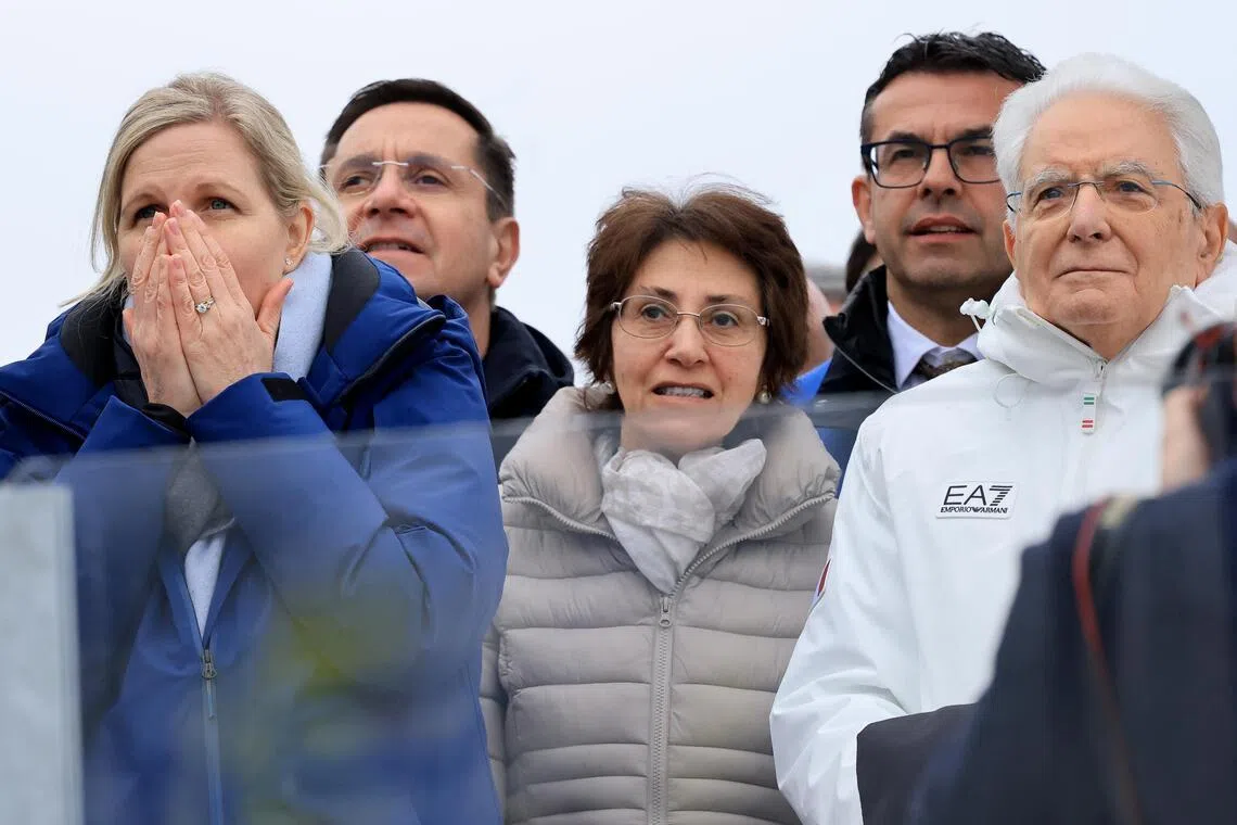 International Olympic Committee president Kirsty Coventry (left) and Italian President Sergio Mattarella watching the alpine skiing 
women's Super G competition at the 2026 Milano-Cortina Winter Olympic Games at Tofane ski centre in Cortina d'Ampezzo in Italy on Feb 12, 2026.