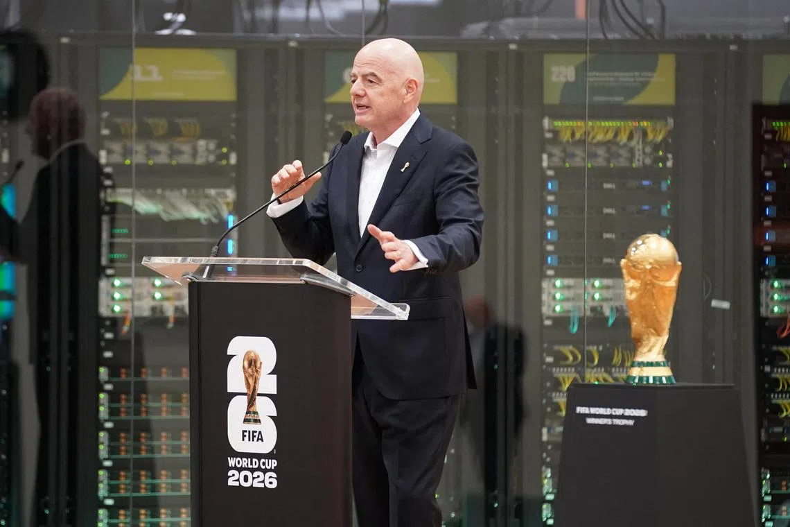 Jun 1, 2026; Dallas, Texas, USA; FIFA President Gianni Infantino speaks during the grand opening of the 2026 FIFA World Cup international broadcast center at Kay Bailey Hutchison Convention Center. Mandatory Credit: Raymond Carlin III-Imagn Images
