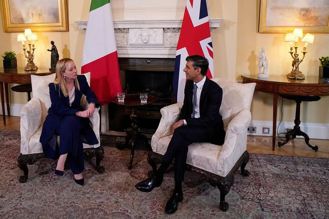Britain's Prime Minister Rishi Sunak and Italian Prime Minister Giorgia Meloni meet for bilateral talks at 10 Downing Street in London, Britain Thursday, April 27, 2023. Alberto Pezzali/Pool via REUTERS/File Photo
