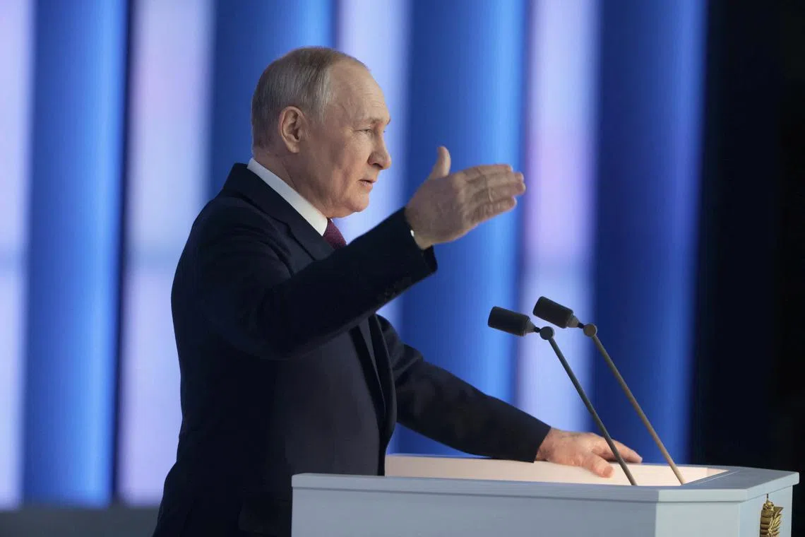 Russian President Vladimir Putin delivering his annual address in Moscow on Feb 21. 2023.