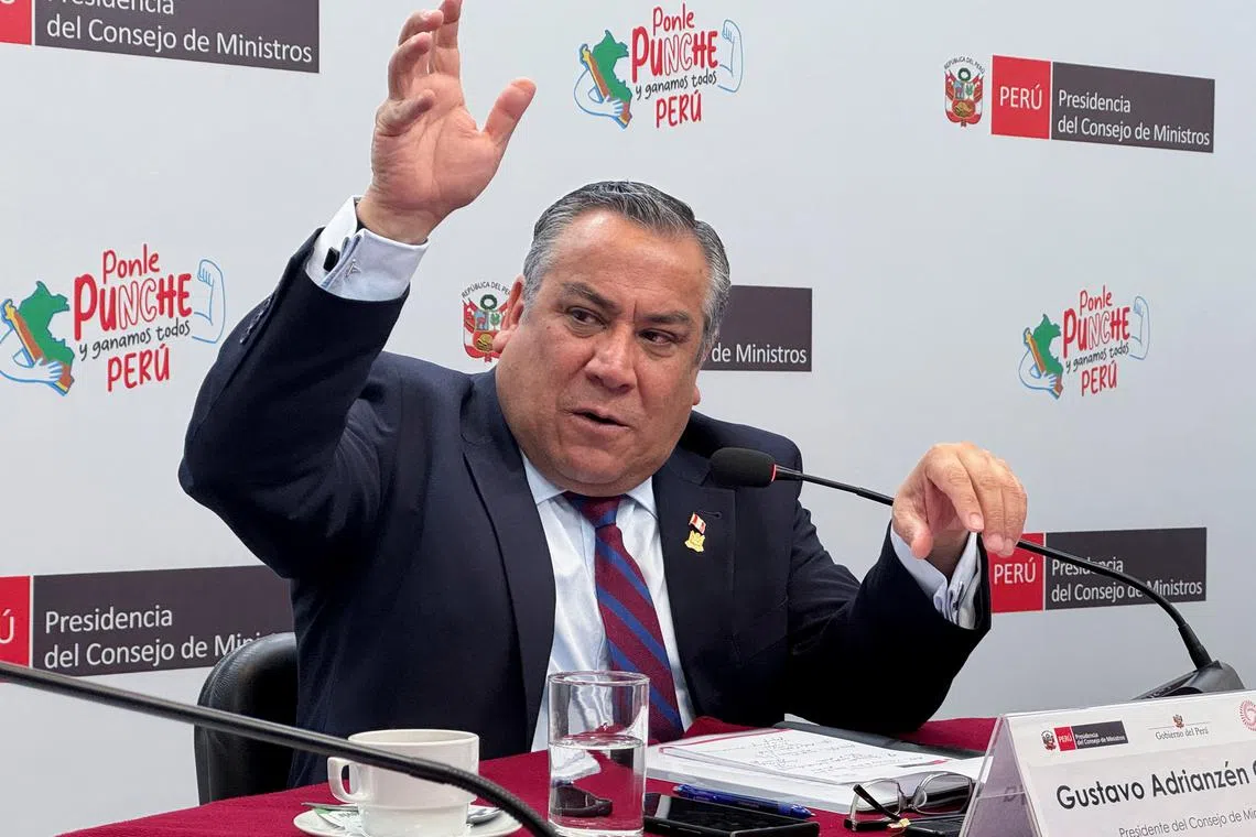 FILE PHOTO: Peru's Prime Minister Gustavo Adrianzen addresses the media, in Lima, Peru November 21, 2024. REUTERS/Marco Aquino/File Photo