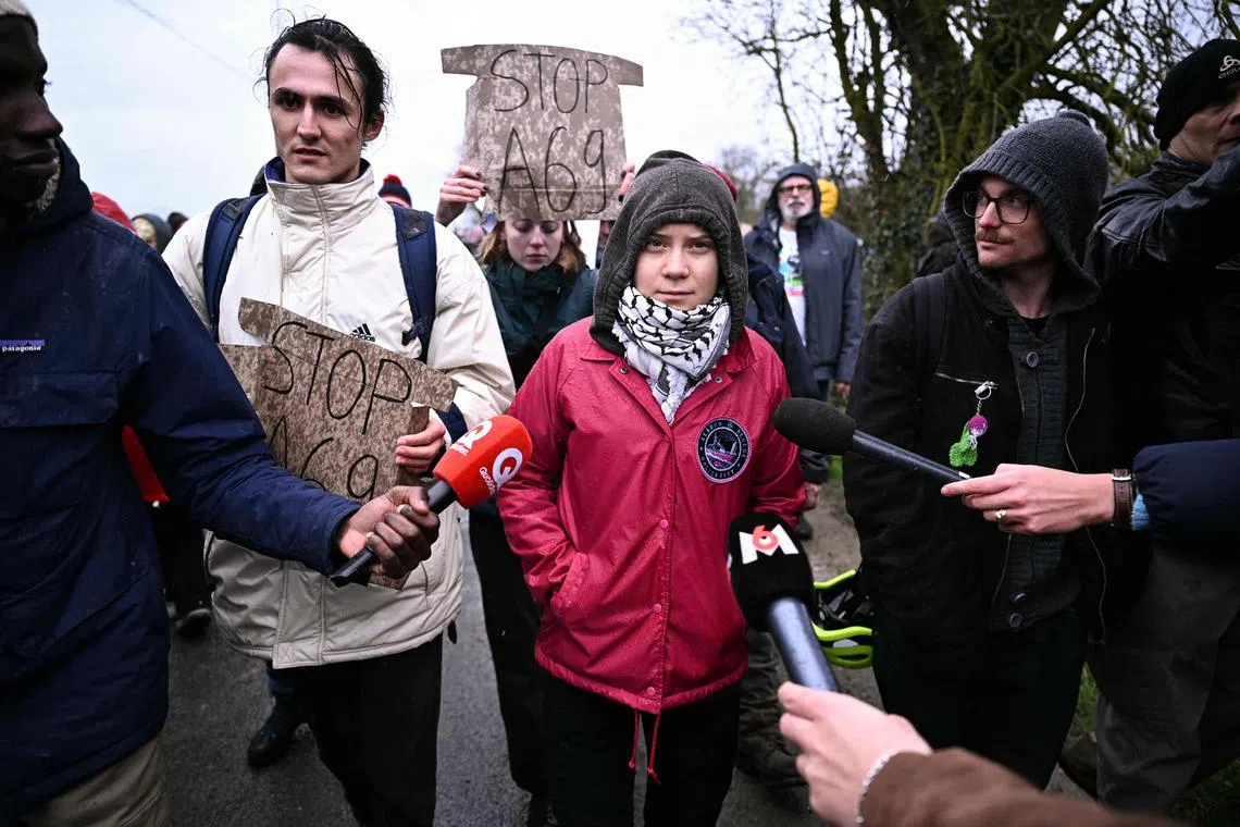 Swedish environmental activist Greta Thunberg and protesters take part in a demonstration against the A69 motorway project between Toulouse and Castres, in  southwestern France.