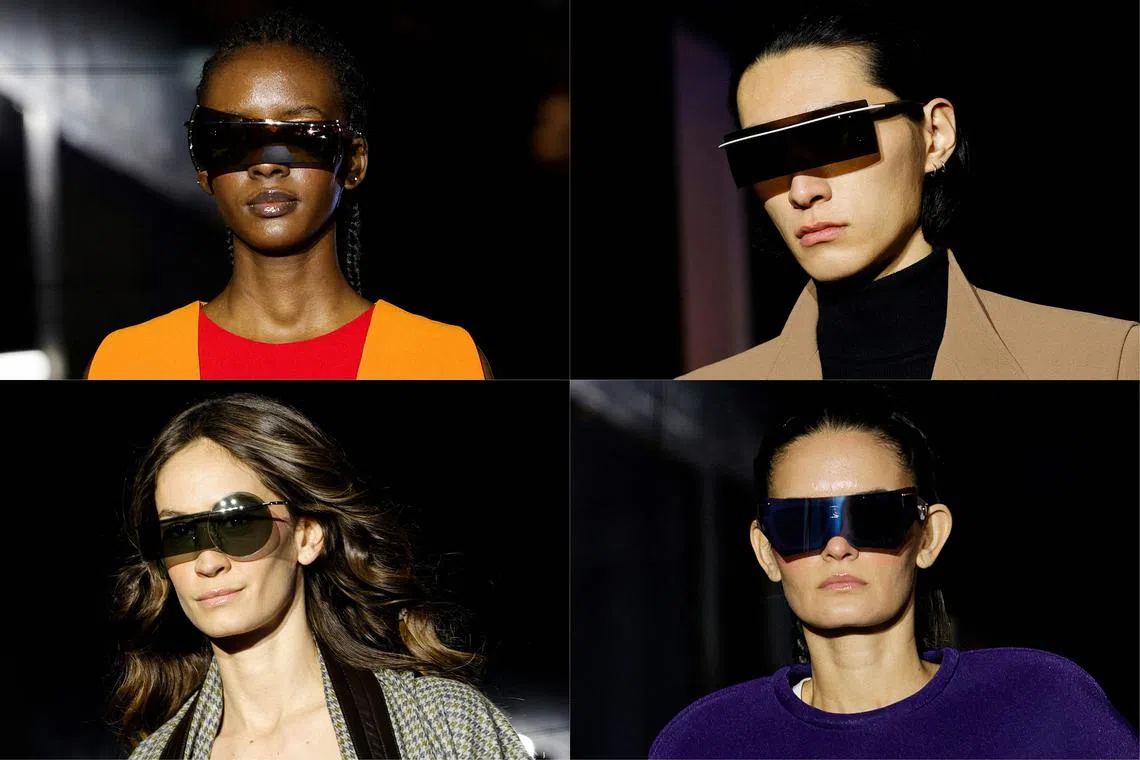 This combination of pictures created on March 5, 2023 shows models presenting a creation from Pierre Cardin Womenswear Fall-Winter 2023-2024 collection during Paris Fashion Week in Paris, on March 5, 2023. 