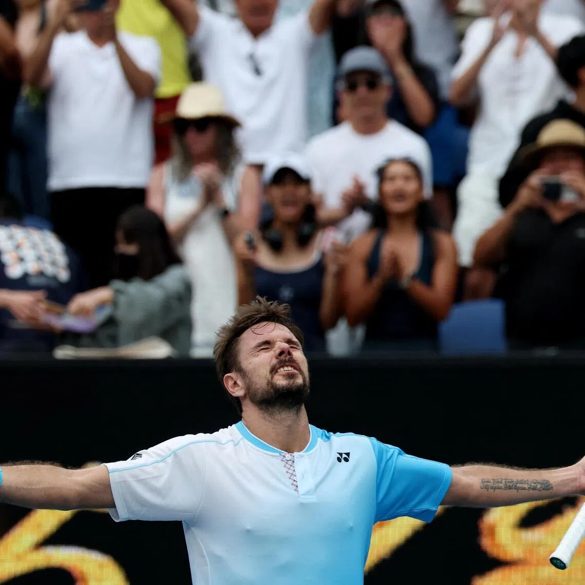 Switzerland's Stan Wawrinka celebrating after winning his Australian Open first-round match against Serbia's Laslo Djere 5-7, 6-3, 6-4, 7-6 (7-4) at Melbourne Park on Jan 19, 2026.