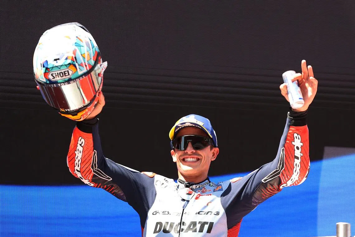 FILE PHOTO: MotoGP - Catalunya Grand Prix - Circuit de Barcelona-Catalunya, Barcelona, Spain - May 26, 2024 Gresini Racing MotoGP's Marc Marquez celebrates on the podium after finishing third place in the Catalunya Grand Prix REUTERS/Bruna Casas/File Photo