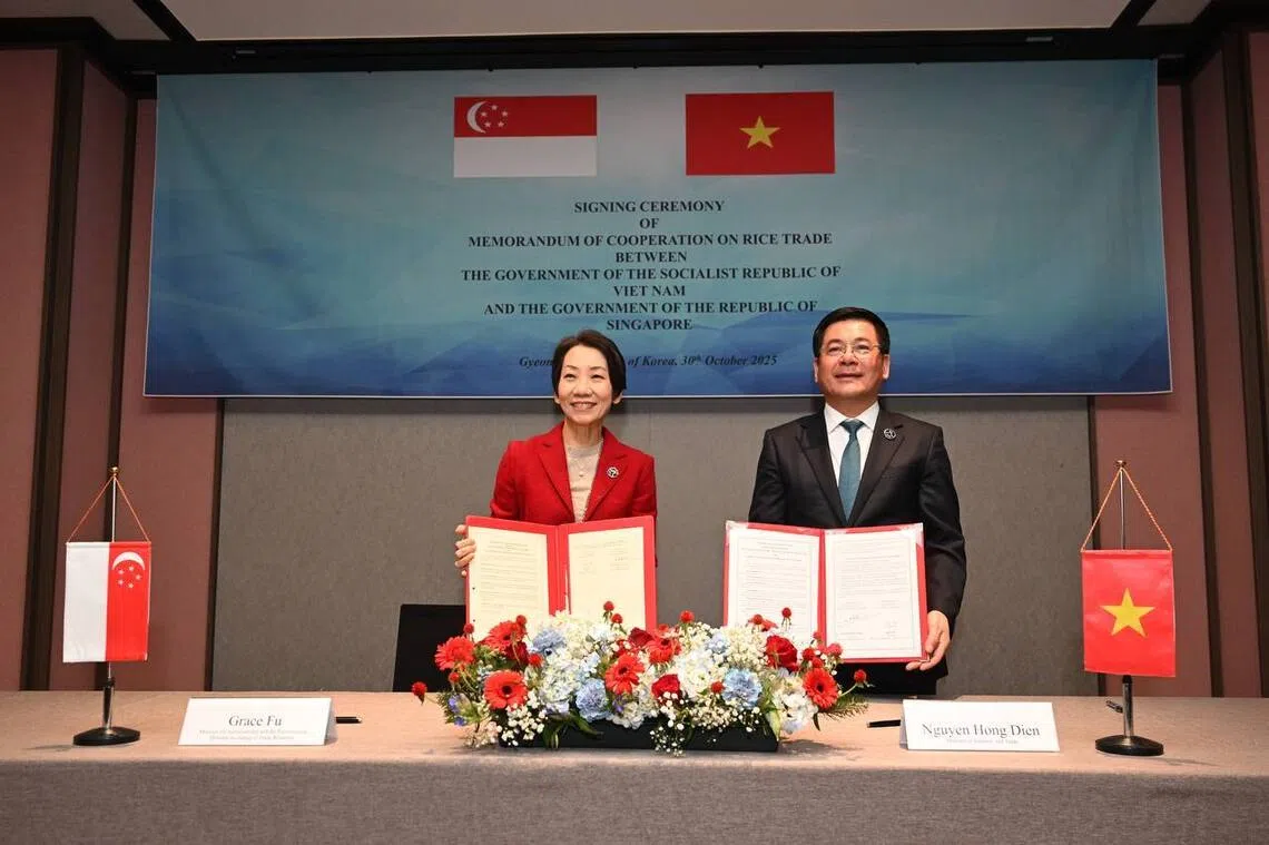 Minister for Sustainability and the Environment Grace Fu and Vietnam’s Minister of Industry and Trade Nguyen Hong Dien in Gyeongju, on Oct 30.