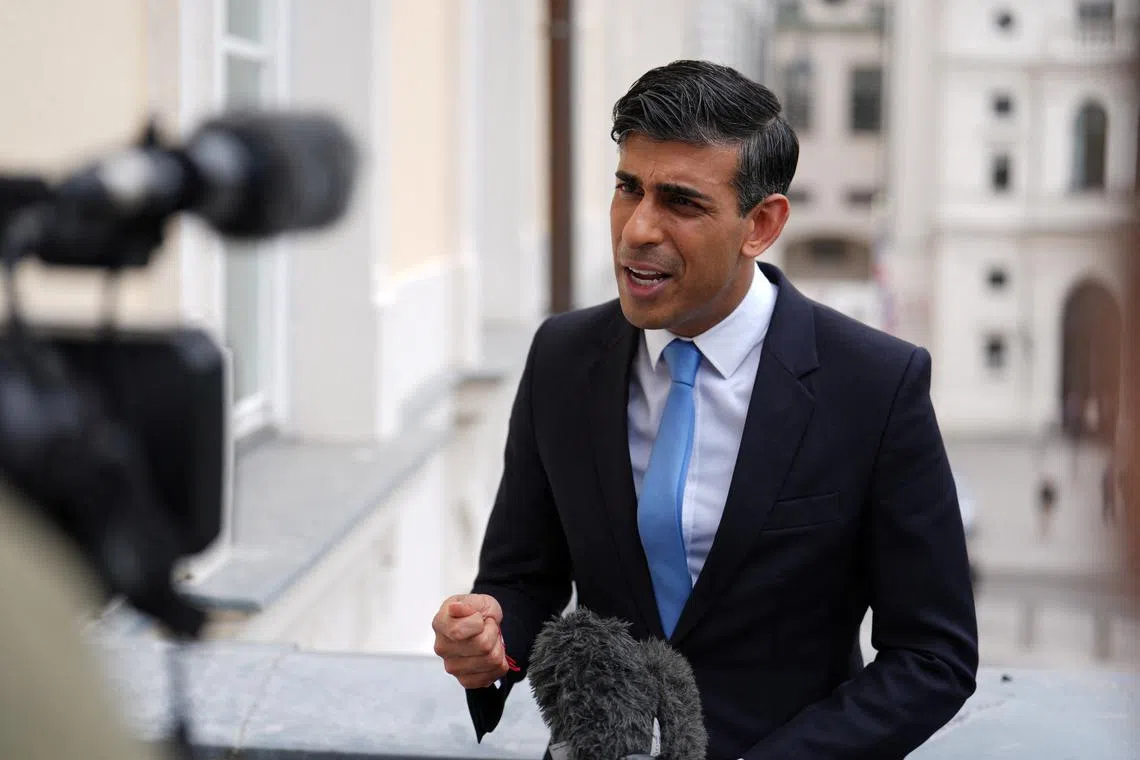 FILE PHOTO: Britain's Prime Minister Rishi Sunak speaks to the media after a meeting with the Chancellor of Austria, Karl Nehammer, at Federal Chancellery Ballhausplatz, during a visit to Austria. Jordan Pettitt/Pool via REUTERS/File Photo