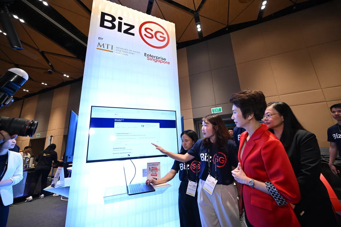 Senior Minister of State for Trade and Industry Low Yen Ling (in red) announced the BizSG initiative at the SME Centre Conference on Sept 9.
