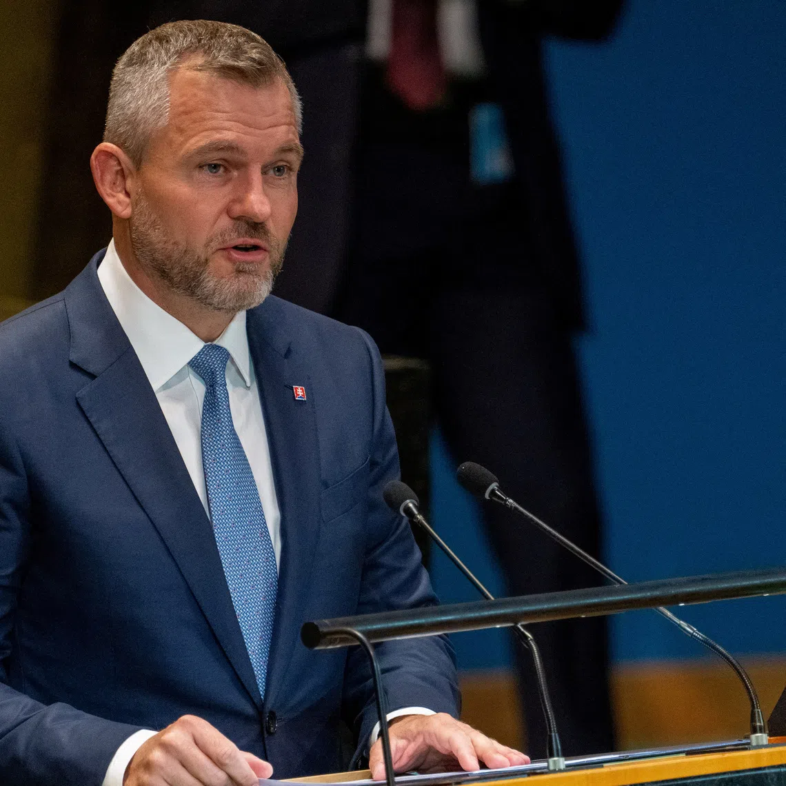 President of Slovakia Peter Pellegrini addresses the \"Summit of the Future\" in the General Assembly hall at United Nations headquarters in New York City, U.S., September 23, 2024. REUTERS/David Dee Delgado