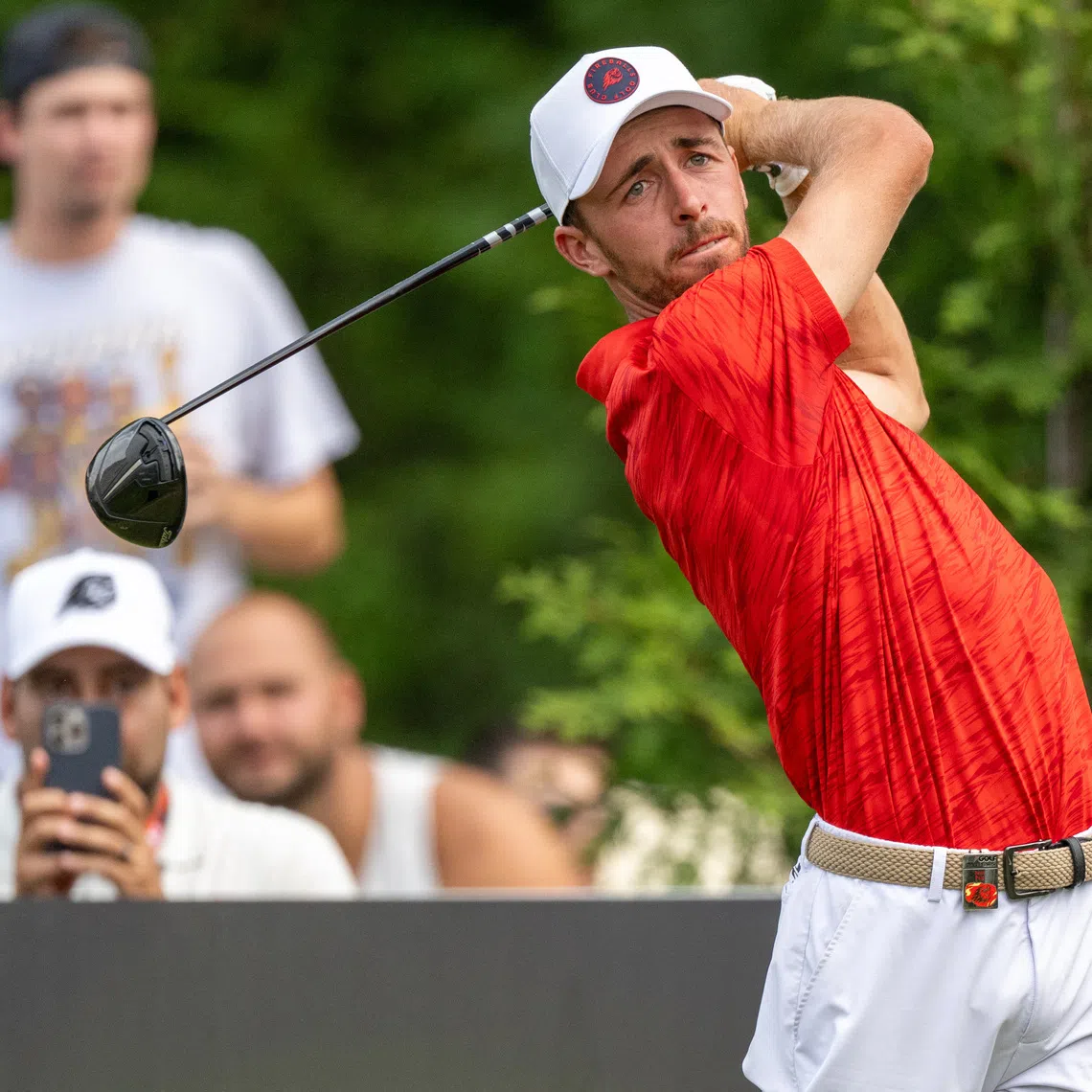 Aug 16, 2025; Indianapolis, IN, United States; David Puig Fireballs GC tees off on the 4th hole during the second round of LIV Golf Indianapolis. Mandatory Credit: Marc Lebryk-Imagn Images
