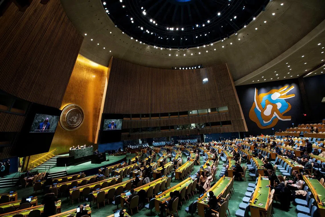 Vanuatu Prime Minister Ishmael Kalsakau delivers a speech before the UN General Assembly in New York, on March 29, 2023.