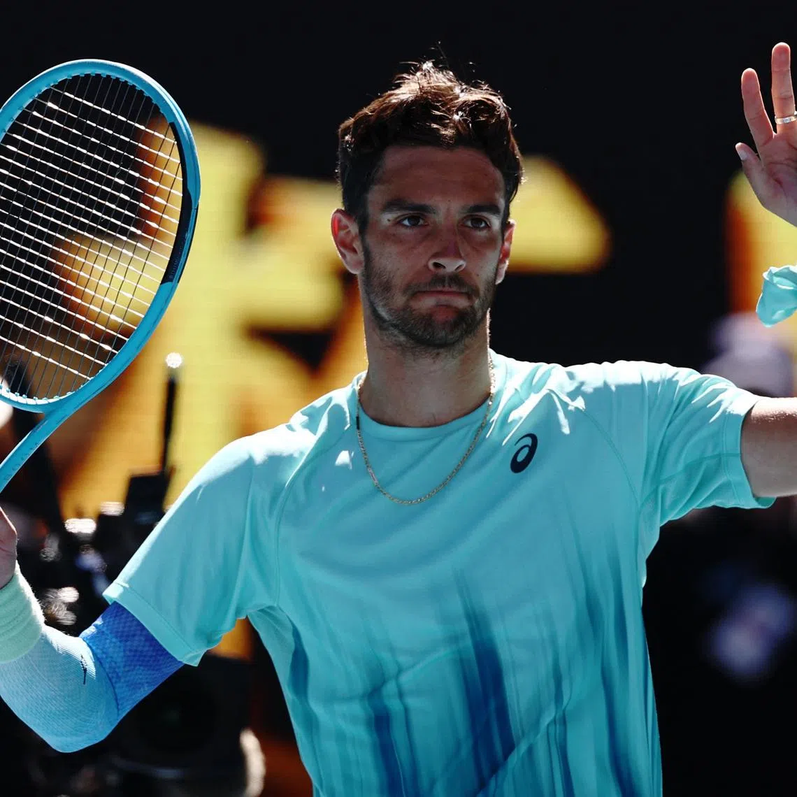Tennis - Australian Open - Melbourne Park, Melbourne, Australia - January 26, 2026 Italy's Lorenzo Musetti celebrates after winning his fourth round match against Taylor Fritz of the U.S. REUTERS/Tingshu Wang