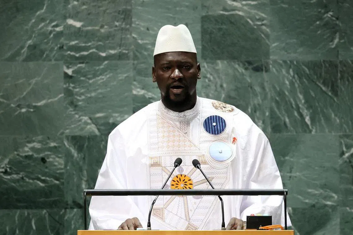 Guinea's President Mamadi Doumbouya addresses the 78th Session of the U.N. General Assembly in New York City, U.S., September 21, 2023. REUTERS/Brendan McDermid