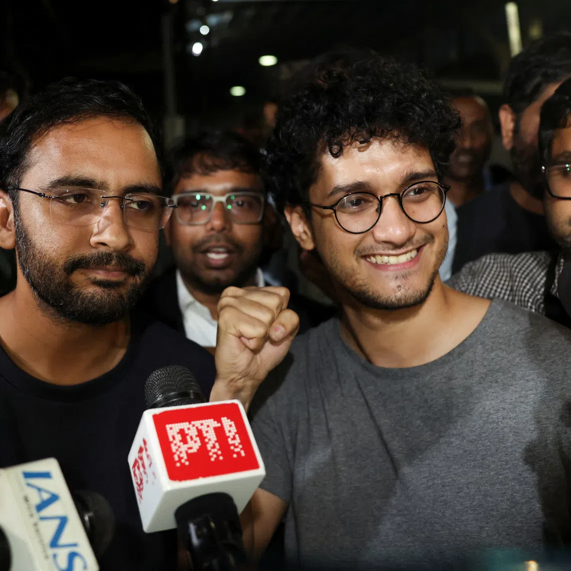 India’s Cockroach Janta Party leaders Saurav Das and Ashutosh Ranka speak to the media upon their release after more than a week in police custody, in New Delhi on Oct 21.