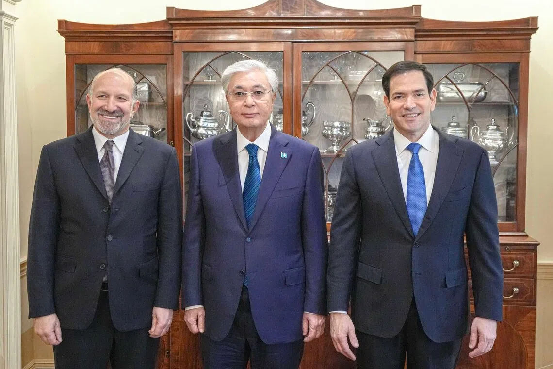 Kazakh President Kassym-Jomart Tokayev (centre) meeting US Secretary of Commerce Howard Lutnick (left) and US Secretary of State Marco Rubio in Washington on Nov 6, ahead of talks with US President Donald Trump.