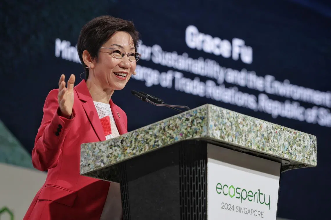 Minister for Sustainability and the Environment Grace Fu delivering her opening address during Ecosperity Week at Sands Expo and Convention Centre.