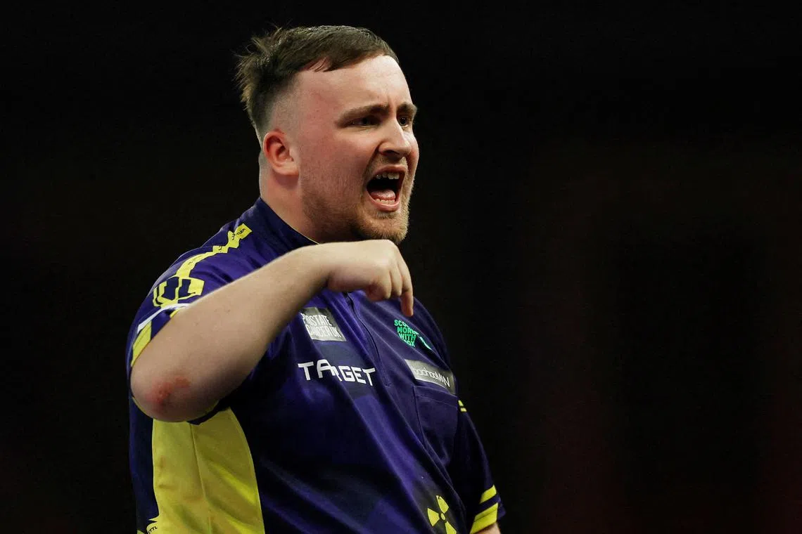 Luke Littler reacting during his 3-1 second-round win over Ryan Meikle at the PDC World Championship at Alexandra Palace in north London on Dec 21.