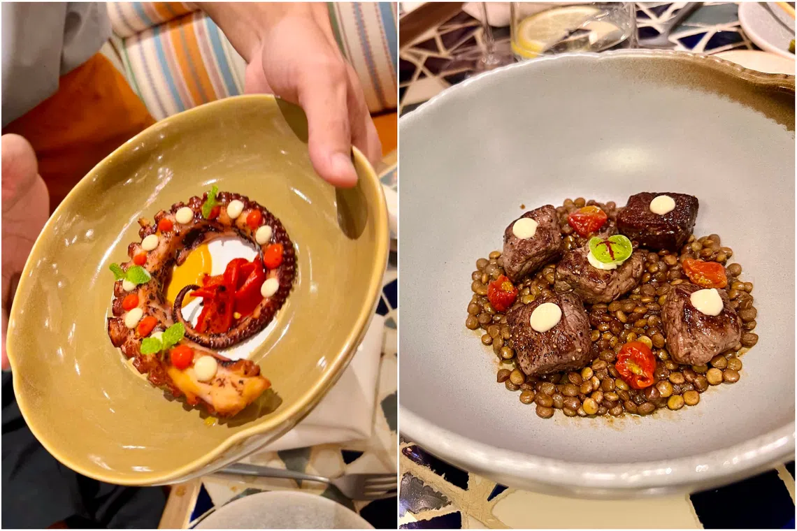 Tender, nicely charred grilled Galician octopus (pulpo, left) served with seasoned Spanish garnishes and succulent wagyu beef paired with braised lentils (lentejas con ternera) at Cante.