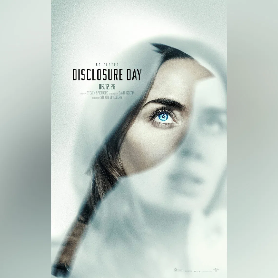British actress Emily Blunt in the poster for the Steven Spielberg film Disclosure Day.