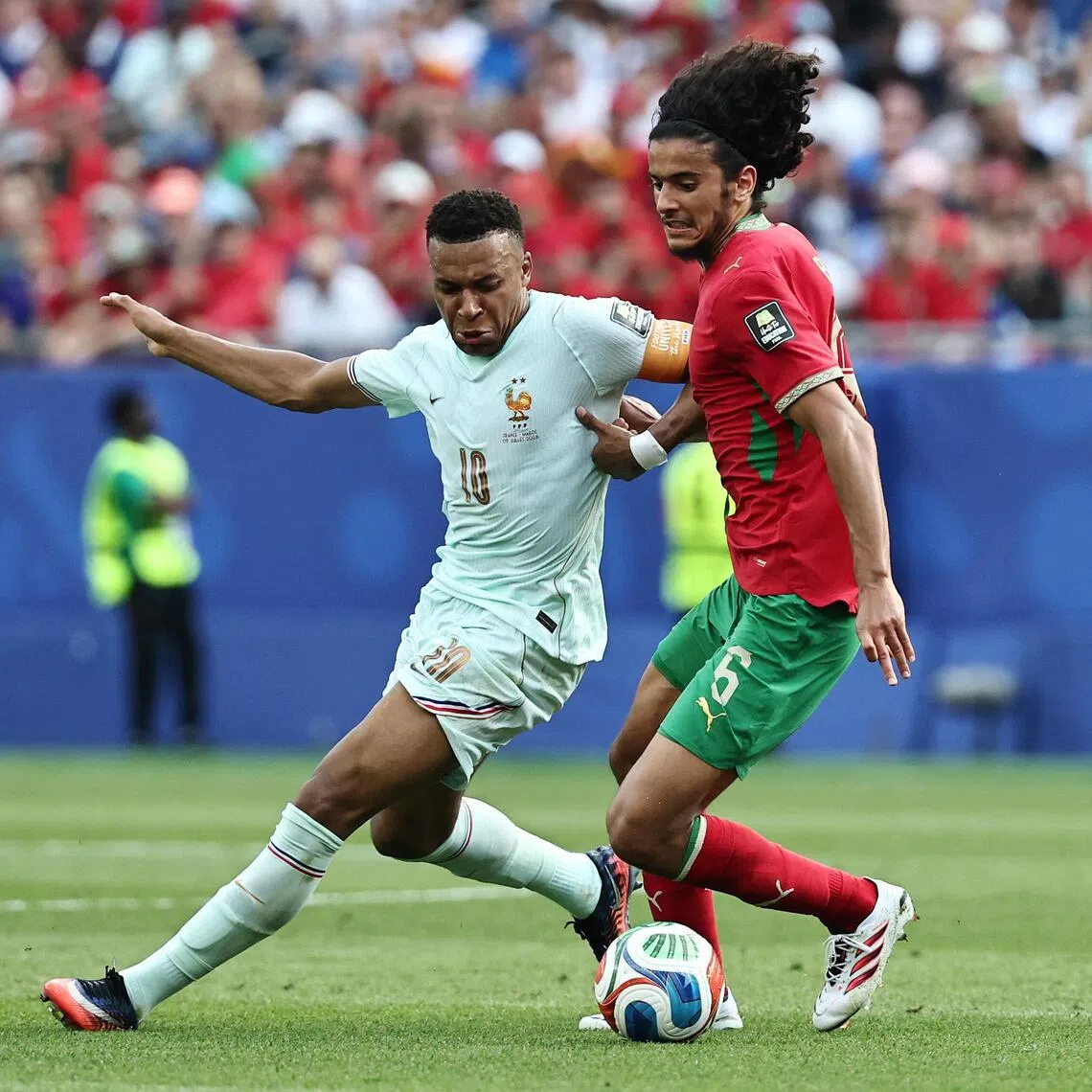 Morocco’s Ayyoub Bouaddi holding off France’s Kylian Mbappe in their World Cup quarter-final on July 9, 2026. He has joined Manchester City from Lille.