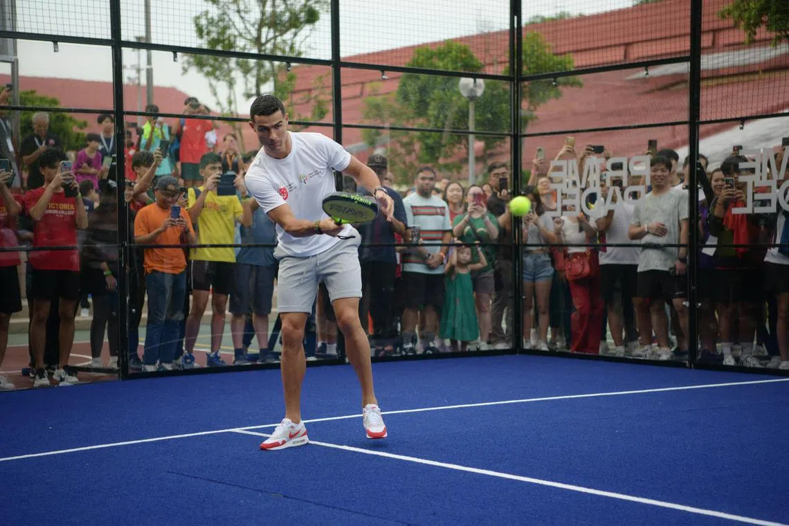 Football star Cristiano Ronaldo playing padel during a visit to Singapore in June.