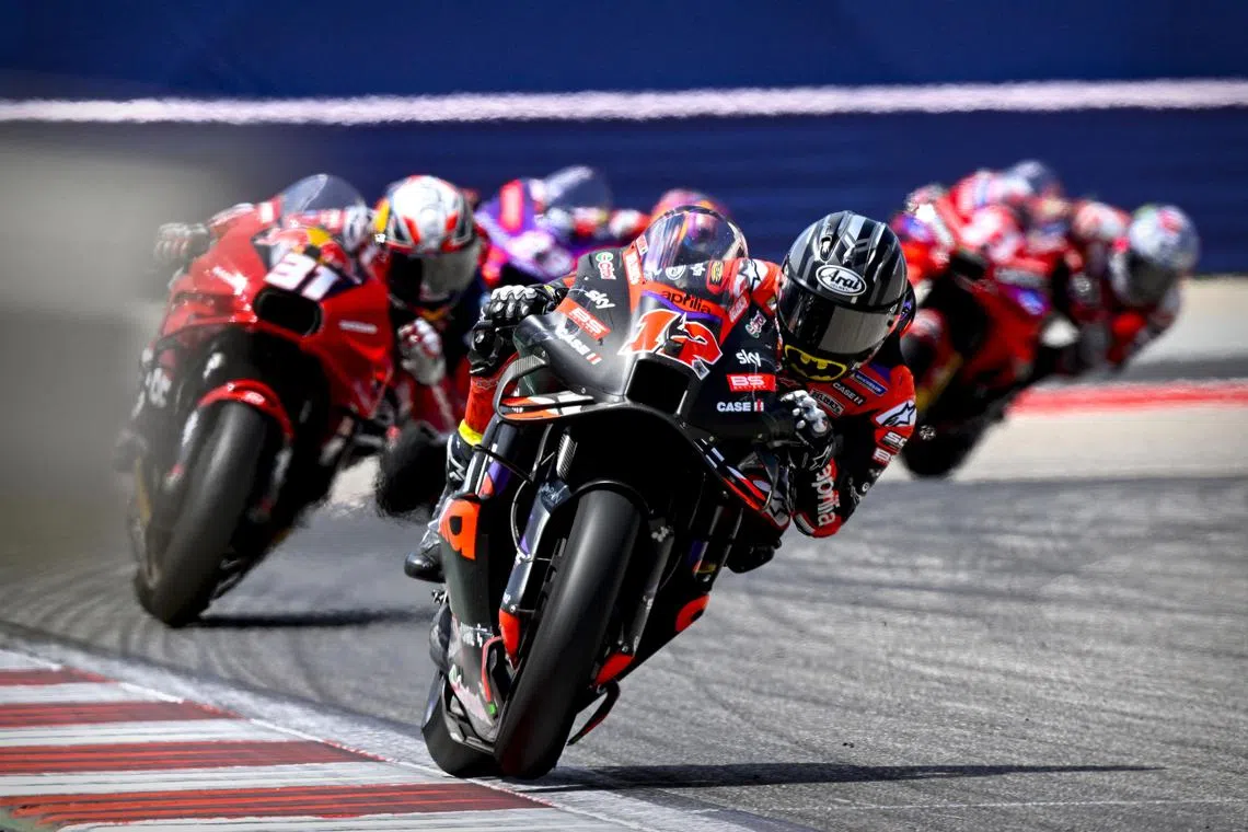 Maverick Vinales of Spain and Aprilia Racing on his way to victory at the MotoGP Grand Prix of The Americas at Circuit of The Americas in Austin, Texas on April 14, 2024.
