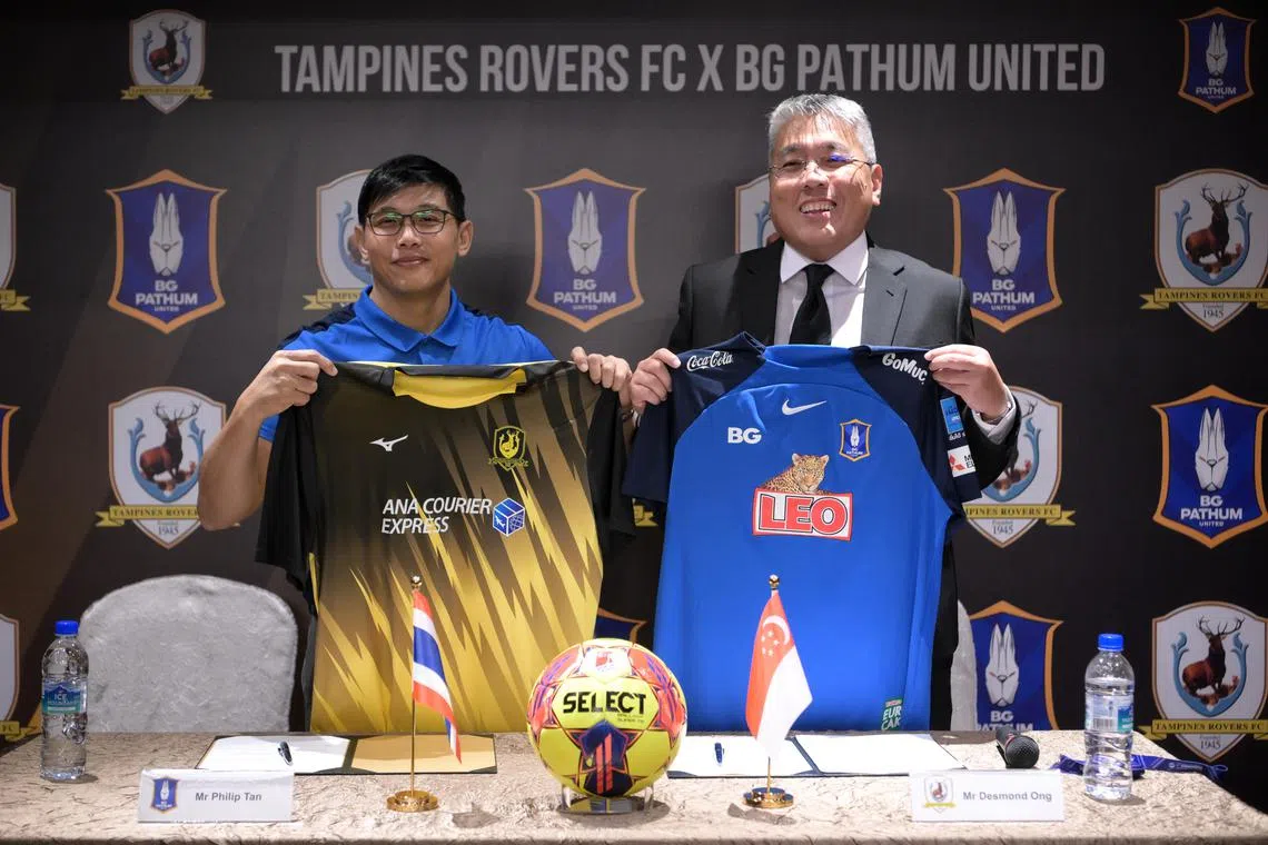 BG Pathum's director of international operations Philip Tan (left) and Tampines Rovers chairman Desmond Ong after a signing ceremony where Tampines signed a three-year partnership Pathum on Sept 23.