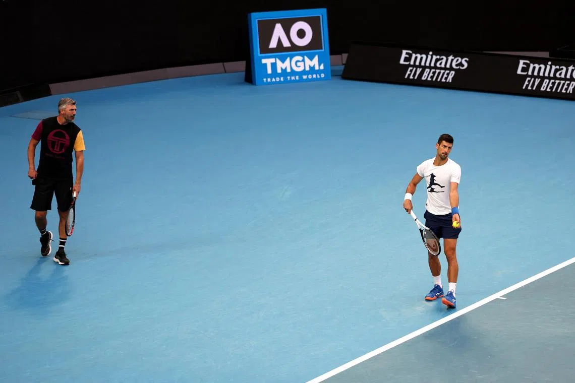 Serbia's Novak Djokovic during a practice session with coach Goran Ivanisevic before his Australian Open final against Greece's Stefanos Tsitsipas on Sunday.