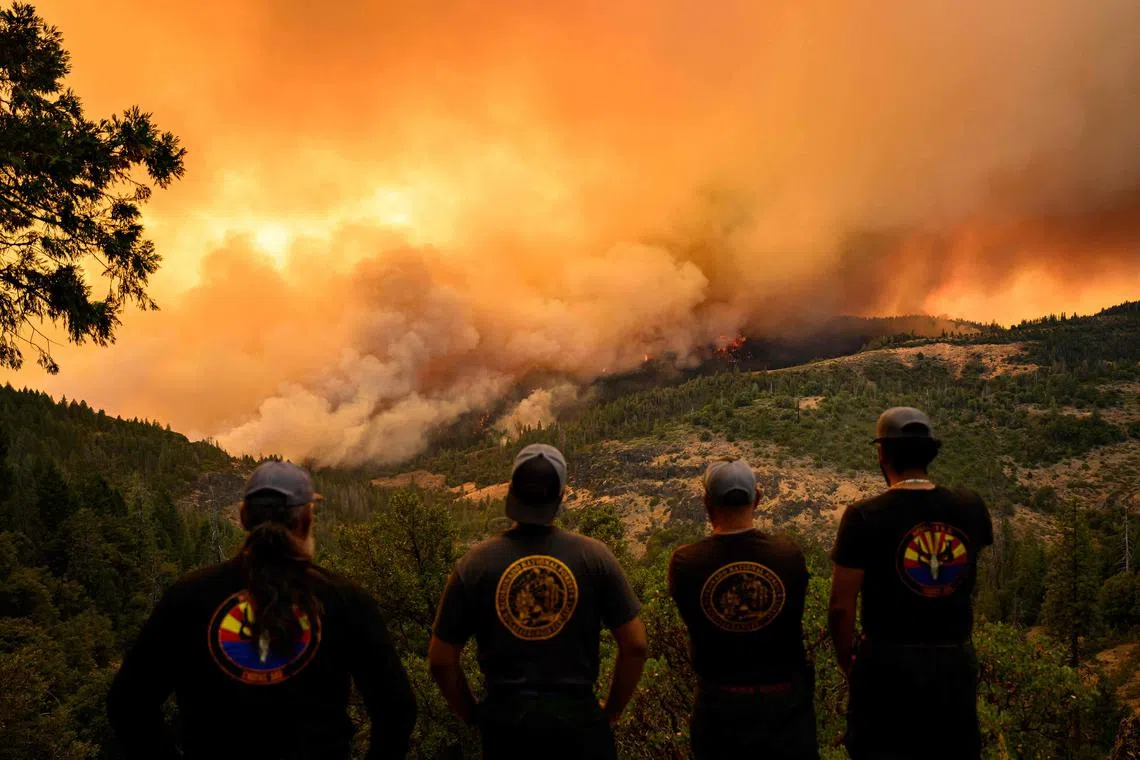 Firefighters watch as flames and smoke move through a valley in the Forest Ranch area of Butte County as the Park Fire continues to burn near Chico, California, on July 26, 2024. More than 1,150 personnel are deployed to fight the blaze, and more than 3,500 people have been forced to flee their homes, according to the California Department of Forestry and Fire Protection. (Photo by JOSH EDELSON / AFP)