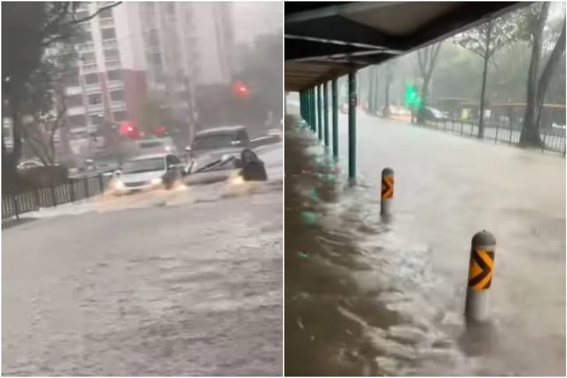 The water level at Boon Lay Avenue almost reached the height of the seats of the nearby bus stop, with vehicles travelling slowly along that road.