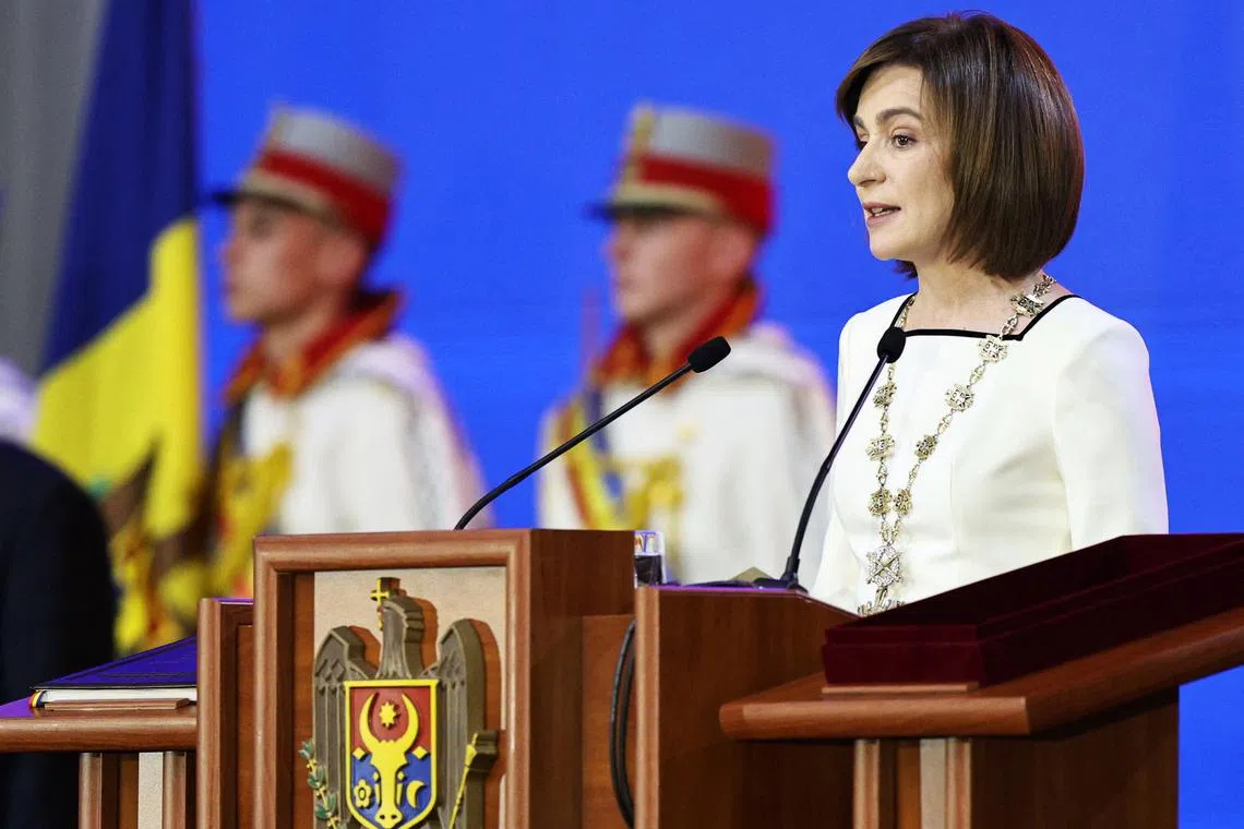 Moldova's President Maia Sandu speaks during an inauguration ceremony for her second term in office, in Chisinau, Moldova December 24, 2024. REUTERS/Vladislav Culiomza/File photo