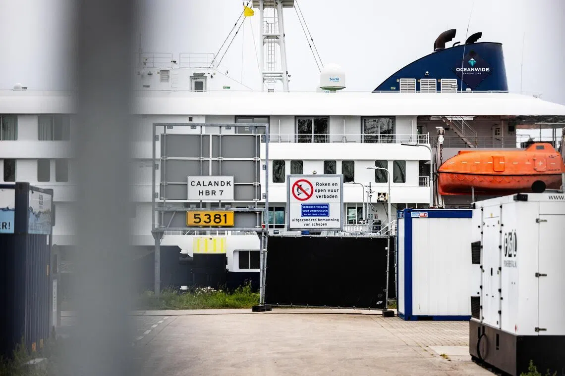 MV Hondius docked in Rotterdam harbour in the Netherlands on May 18, with the skeleton crew facing weeks of quarantine.