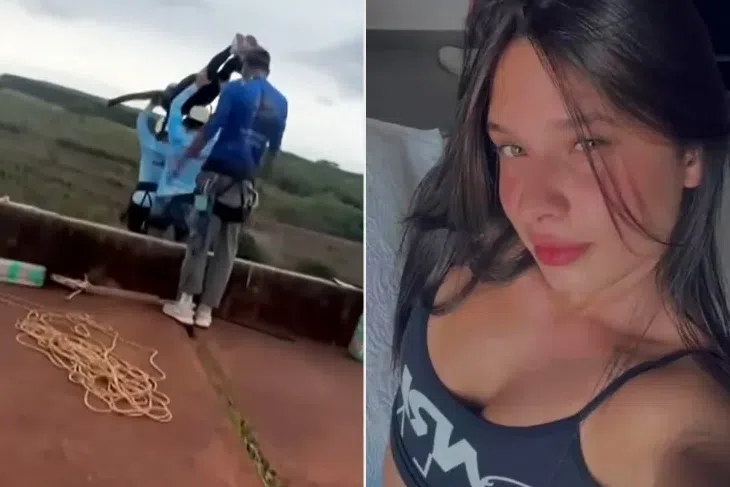 A screengrab off a video shows three men hoisting and throwing 21-year-old student Maria Eduarda Rodrigues de Freitas off a bridge without a safety rope.