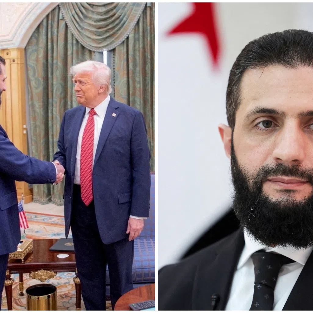 Syrian President Ahmed al-Sharaa (right) first met US President Donald Trump  in Saudi Arabia.