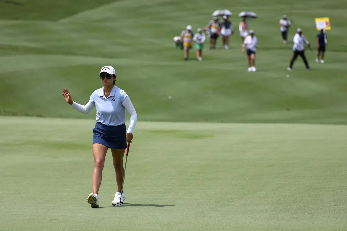 epa10942310 Rose Zhang of USA reacts during the second round of the Maybank Championship 2023 LPGA in Kuala Lumpur, Malaysia, 27 October 2023.  EPA-EFE/FAZRY ISMAIL