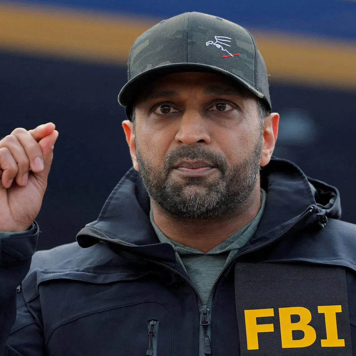 FILE PHOTO: FBI Director Kash Patel announces the apprehension of Ryan Wedding, a former Canadian Olympic snowboarder who was on the FBI's Ten Most Wanted Fugitive list, during a press conference in Ontario, California, U.S., January 23, 2026.   REUTERS/Mike Blake//File Photo