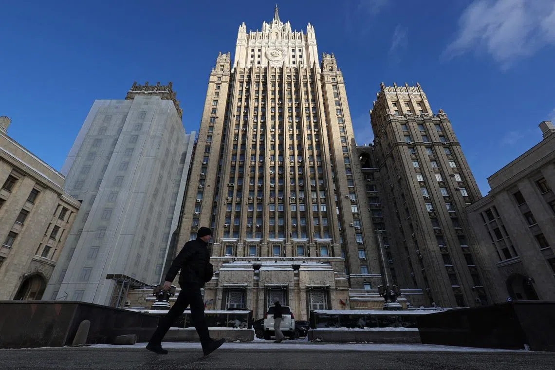 A man walks past the Russian Foreign Ministry headquarters in Moscow, Russia February 9, 2026. REUTERS/Ramil Sitdikov
