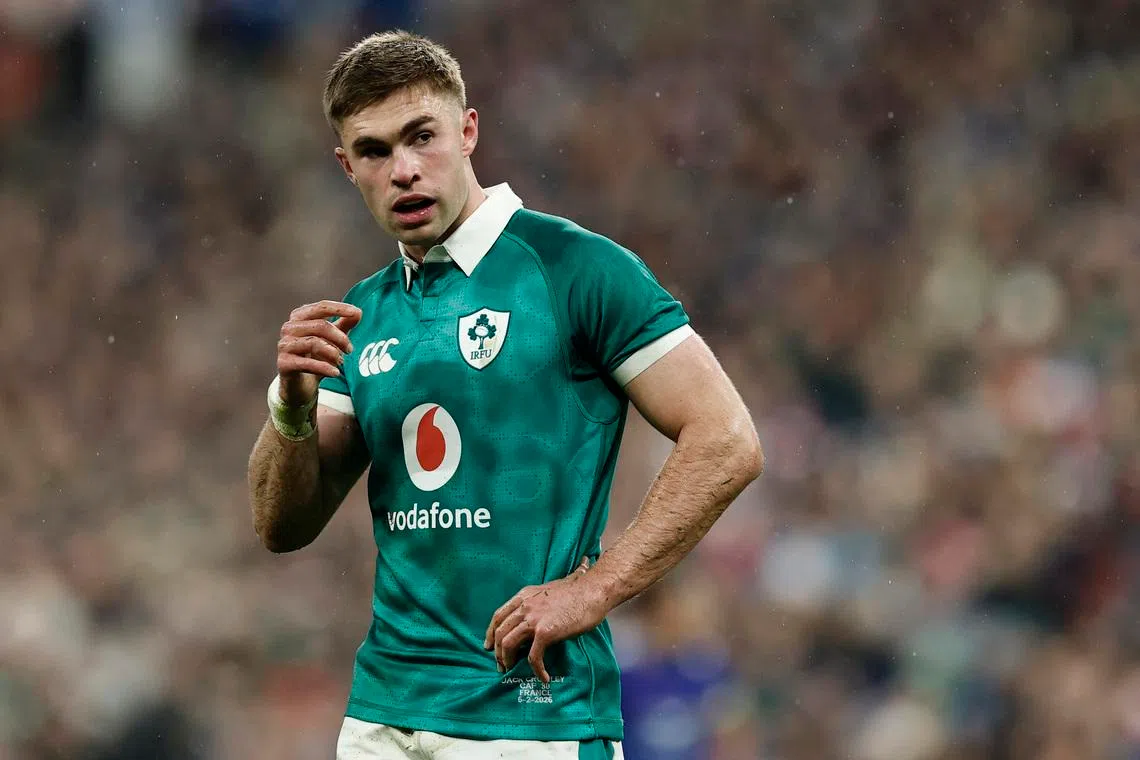 Rugby Union - Six Nations Championship - France v Ireland - Stade de France, Saint-Denis, France - February 5, 2026 Ireland's Jack Crowley reacts during the match REUTERS/Benoit Tessier
