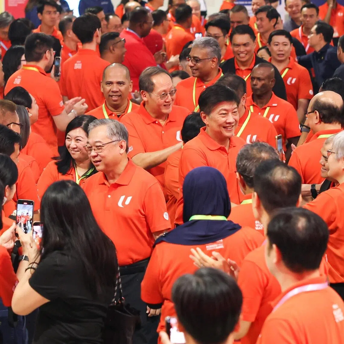 (Clockwise, from front) DPM Gan Kim Yong, NTUC assistant secretary- general Yeo Wan Ling, Minister for Manpower Tan See Leng and NTUC secretary- general Ng Chee Meng at Downtown East on Nov 13.