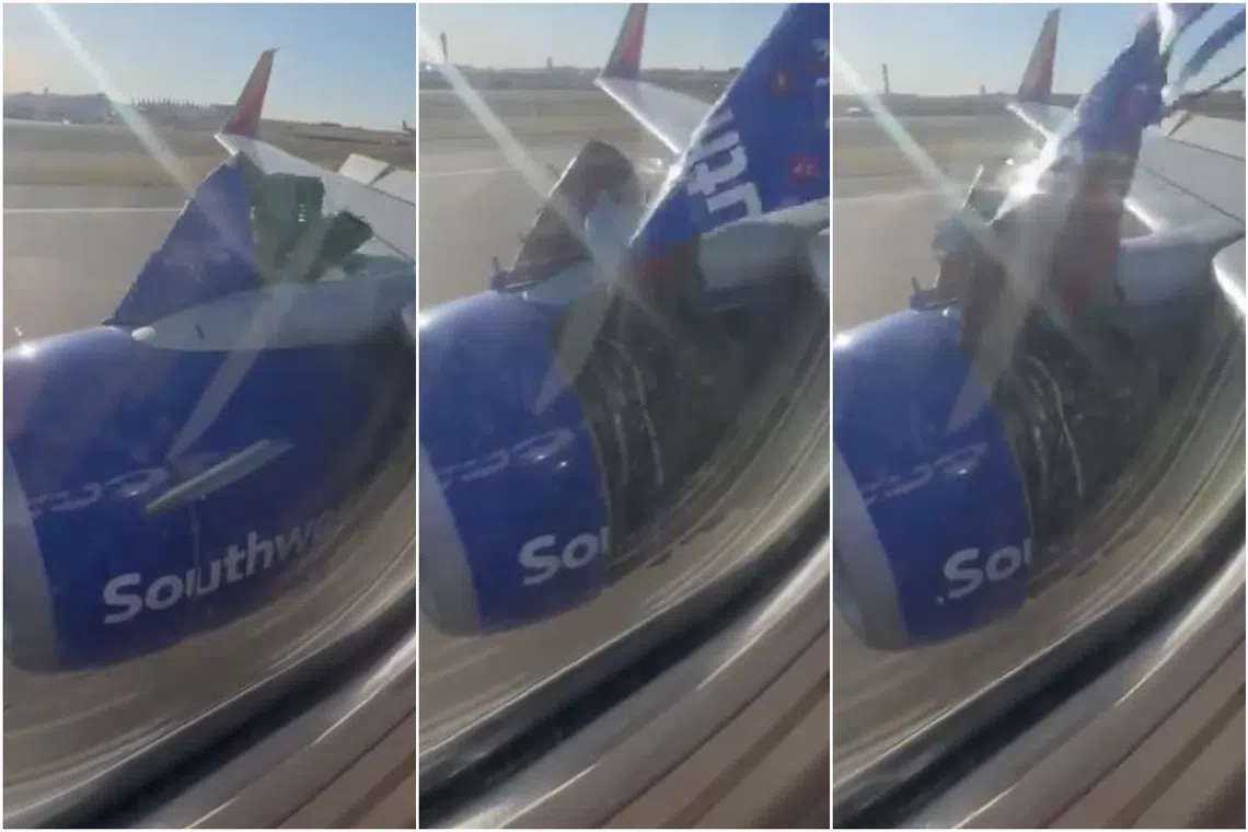 In a video posted on X, the ripped engine cover of the plane is seen flapping in the wind with a torn Southwest logo.