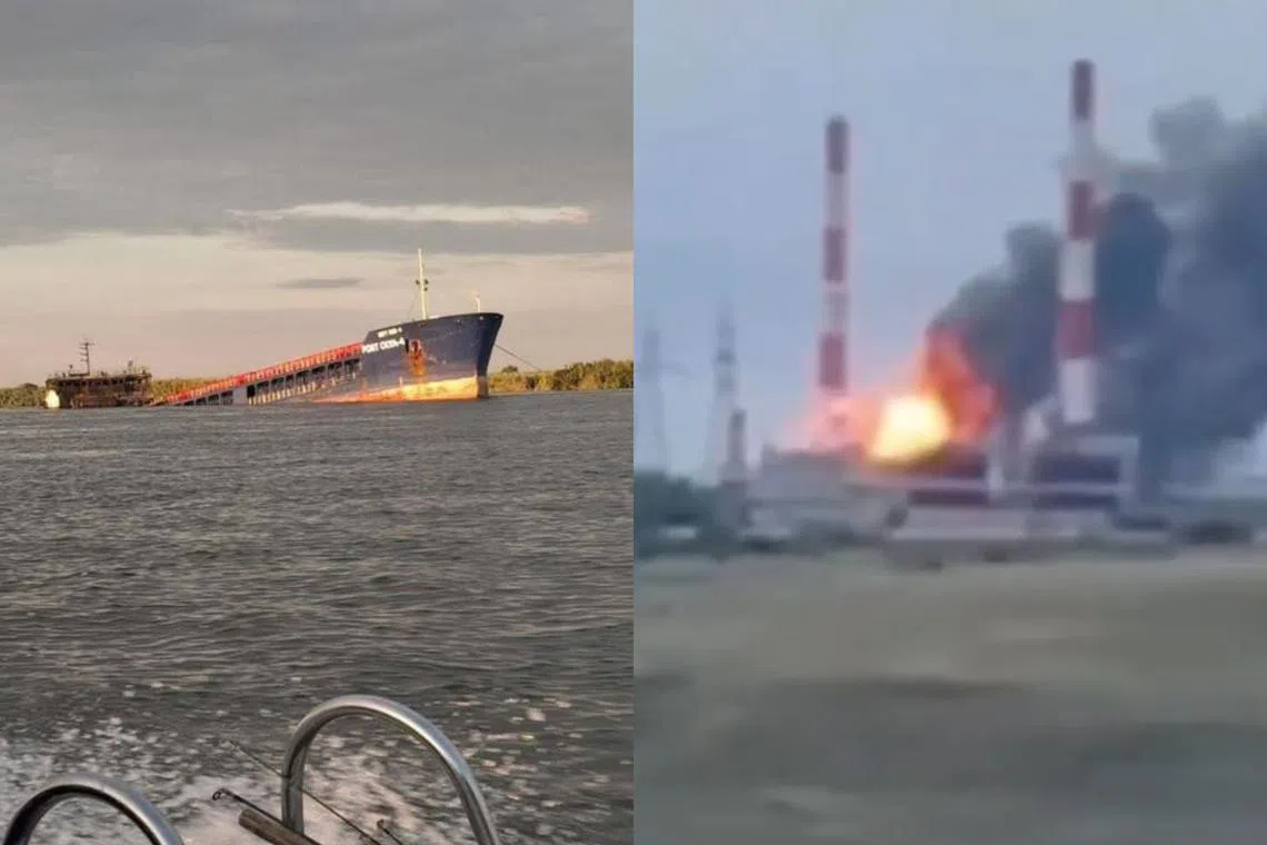 Ukrainian forces hit a cargo ship carrying drone components (left), while a Ukrainian drone hit a Russian oil refinery (right).