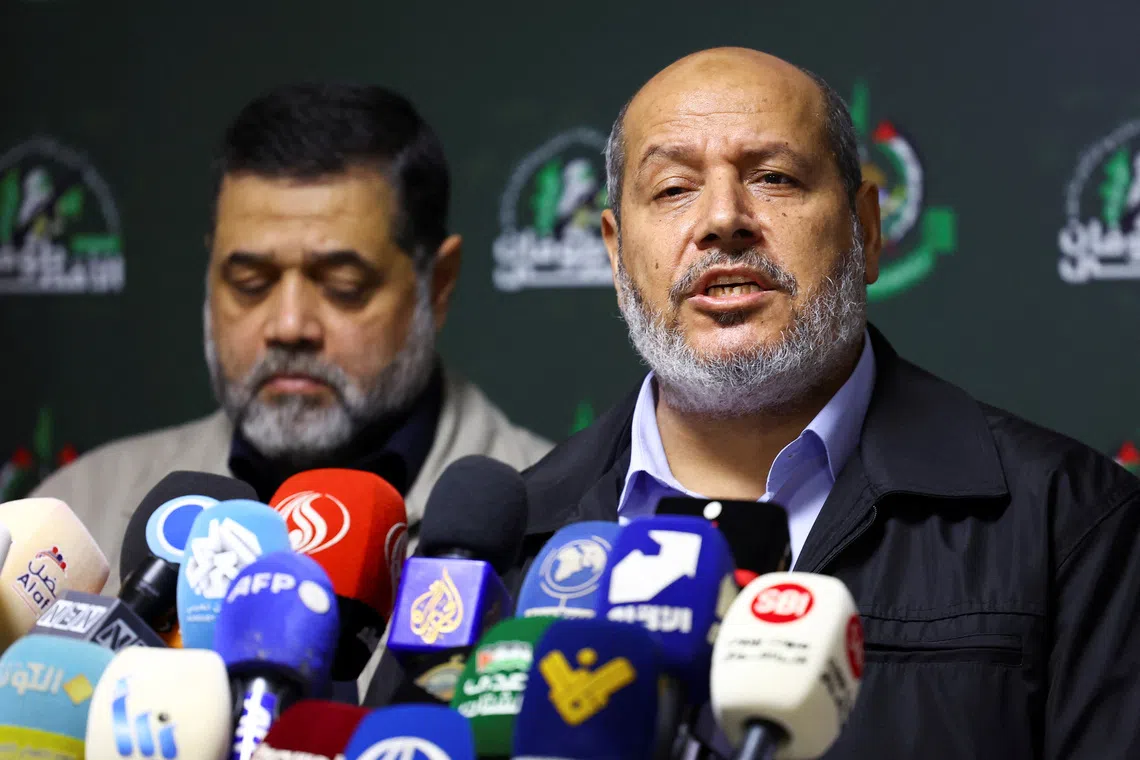Hamas officials, Osama Hamdan (left) and Khalil Al-Hayya, attend a press conference in Beirut, Lebanon, on Nov 21, 2023.